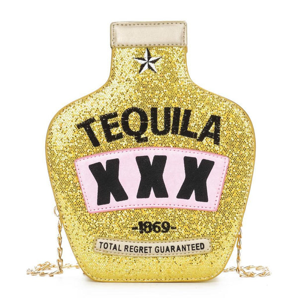 funny tequila alcohol bottle handbag ladies purse gold