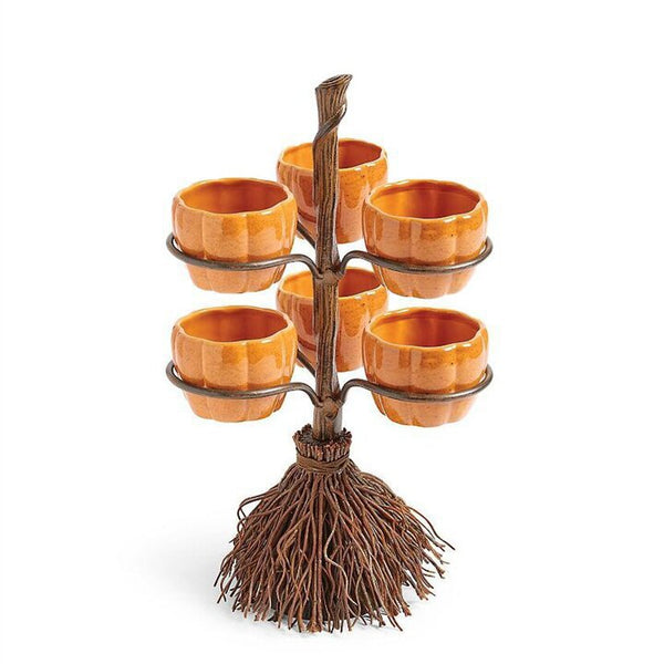 Unique Fall Halloween Snack Stand with Pumpkin shaped Serving Bowls & Funny Witches Broom