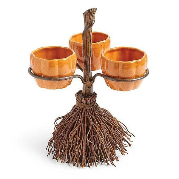 Unique Fall / Halloween Snack Stand with Pumpkin shaped Serving Bowls & Funny Witches Broom