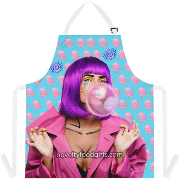 girl-with-popart-makeup-blowing-bubble-gum-on-poptart-unisex-apron-bubblegum-blue-with-white-straps-available-from-novelty-food-gifts-dot-com