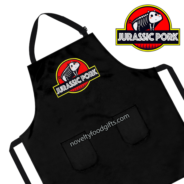 jurassic-pork-grill-dinosaur-park-meat-bbq-smoking-apron-mens-unisex-black-available-from-novelty-food-gifts-dot-com