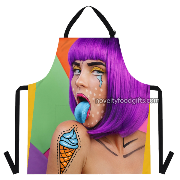 retro-popart-rainbow-apron-unisex-featuring-unique-girl-with-the-icecream-tattoo-pop-art-picture-black-straps-available-from-novelty-food-gifts-dot-com