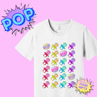 white retro rainbow ring pop candy t-shirt in pop art style  