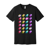 black retro rainbow ring pop candy t-shirt in pop art style  